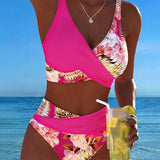 Kontrastierender Floral-Bikini mit Schlitz