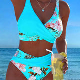 Kontrastierender Floral-Bikini mit Schlitz