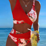 Kontrastierender Floral-Bikini mit Schlitz