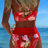 Kontrastierender Floral-Bikini mit Schlitz