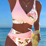 Kontrastierender Floral-Bikini mit Schlitz