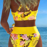 Kontrastierender Floral-Bikini mit Schlitz