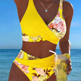 Kontrastierender Floral-Bikini mit Schlitz