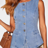 Cecilia | Ludovica Komplett aus Denim mit Enganliegendem Weste und Weiten Jeans