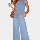 Cecilia | Ludovica Komplett aus Denim mit Enganliegendem Weste und Weiten Jeans