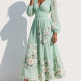 Cisella | Midi-Kleid in hellgrün mit Blumenmuster