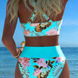 Kontrastierender Floral-Bikini mit Schlitz