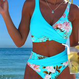Kontrastierender Floral-Bikini mit Schlitz