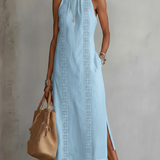 Jimena | Midi-Kleid aus Baumwolle-Leinen mit Mandarin-Kragen